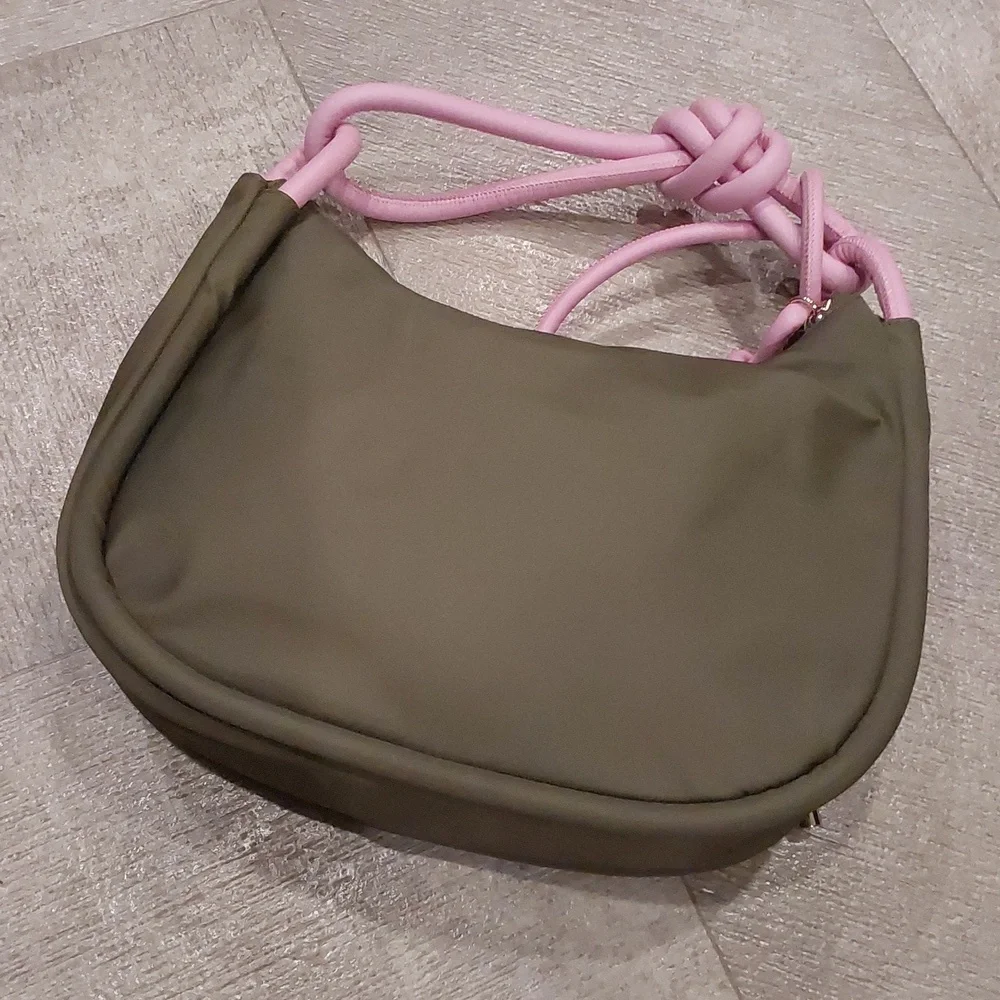 NWT GANNI Knot Hobo Bag in a kalamata green color contrasting pink Knot handle - Picture 7 of 13